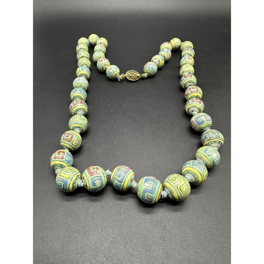 Asian Oriental Painted Bead Beaded Knotted Necklace Green 26”